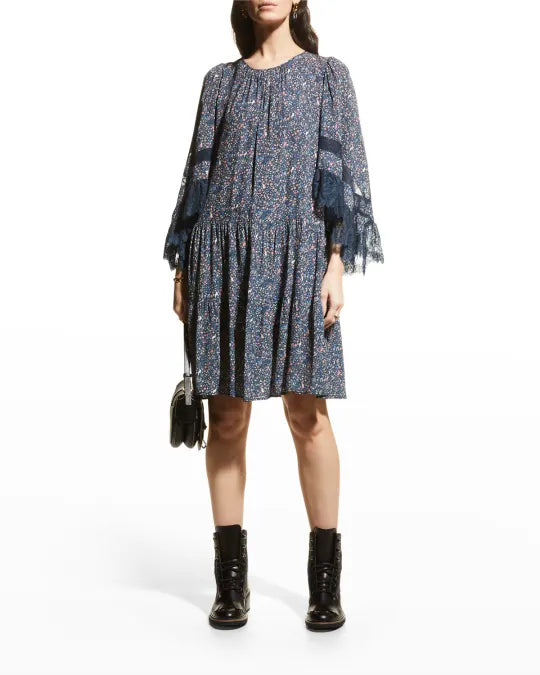 See by Chloe Navy Floral Lace Sleeve Dress (FR 36 or US 4)