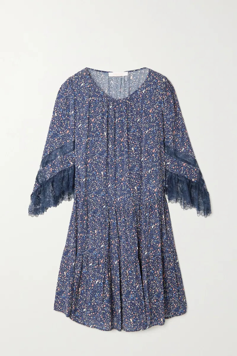 See by Chloe Navy Floral Lace Sleeve Dress (FR 36 or US 4)
