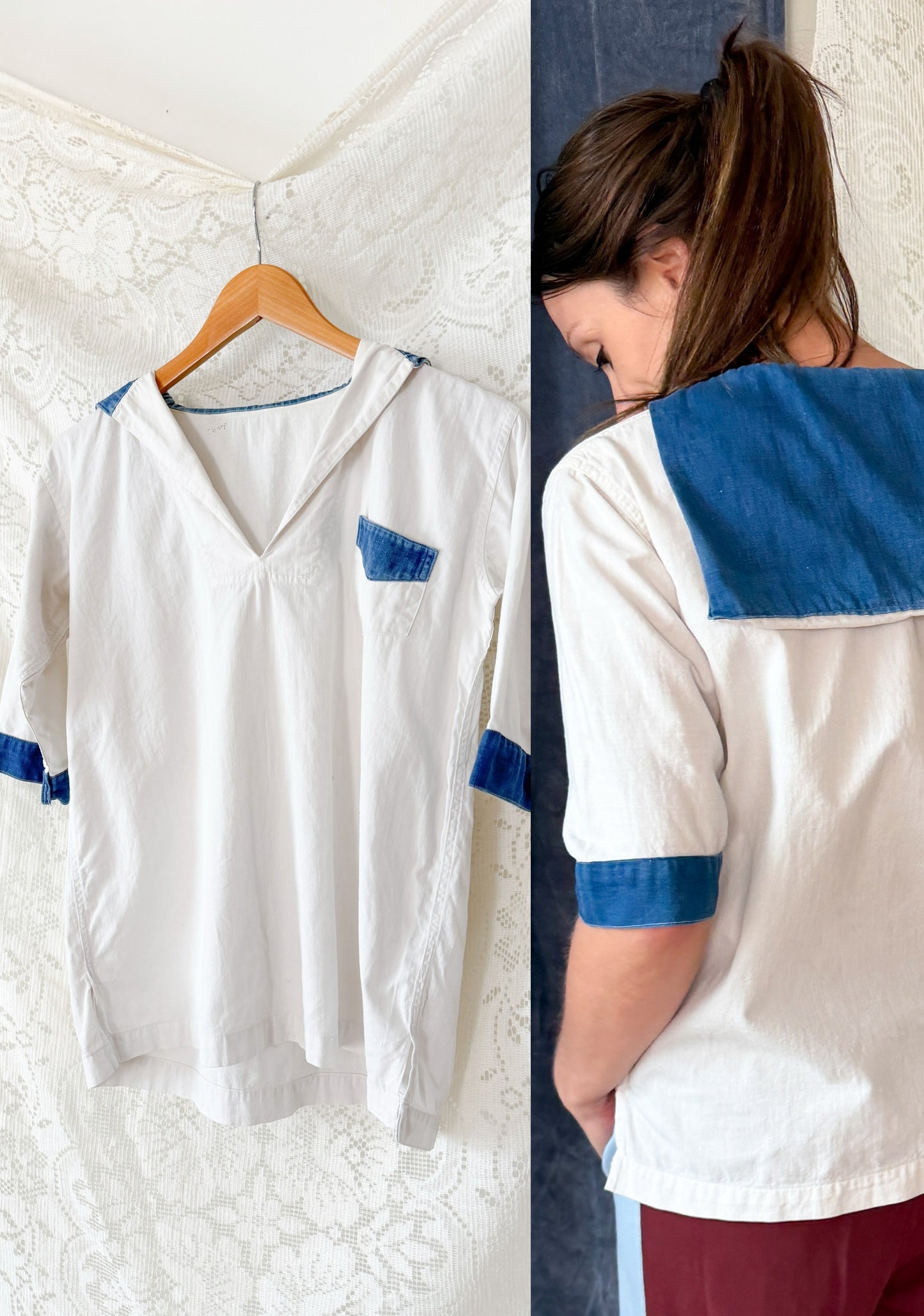1940s White Nautical Sailor Blouse with Chambray Trim