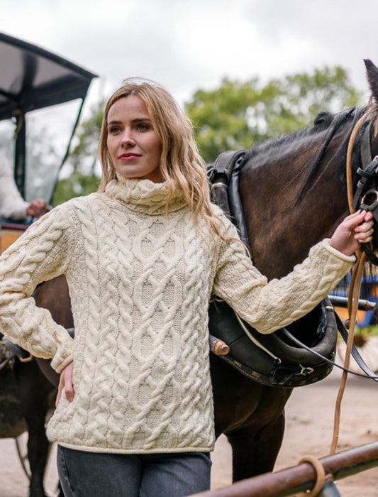 Inis Crafts Cream 100% Irish Merino Wool Knit Turtleneck Sweater (S)