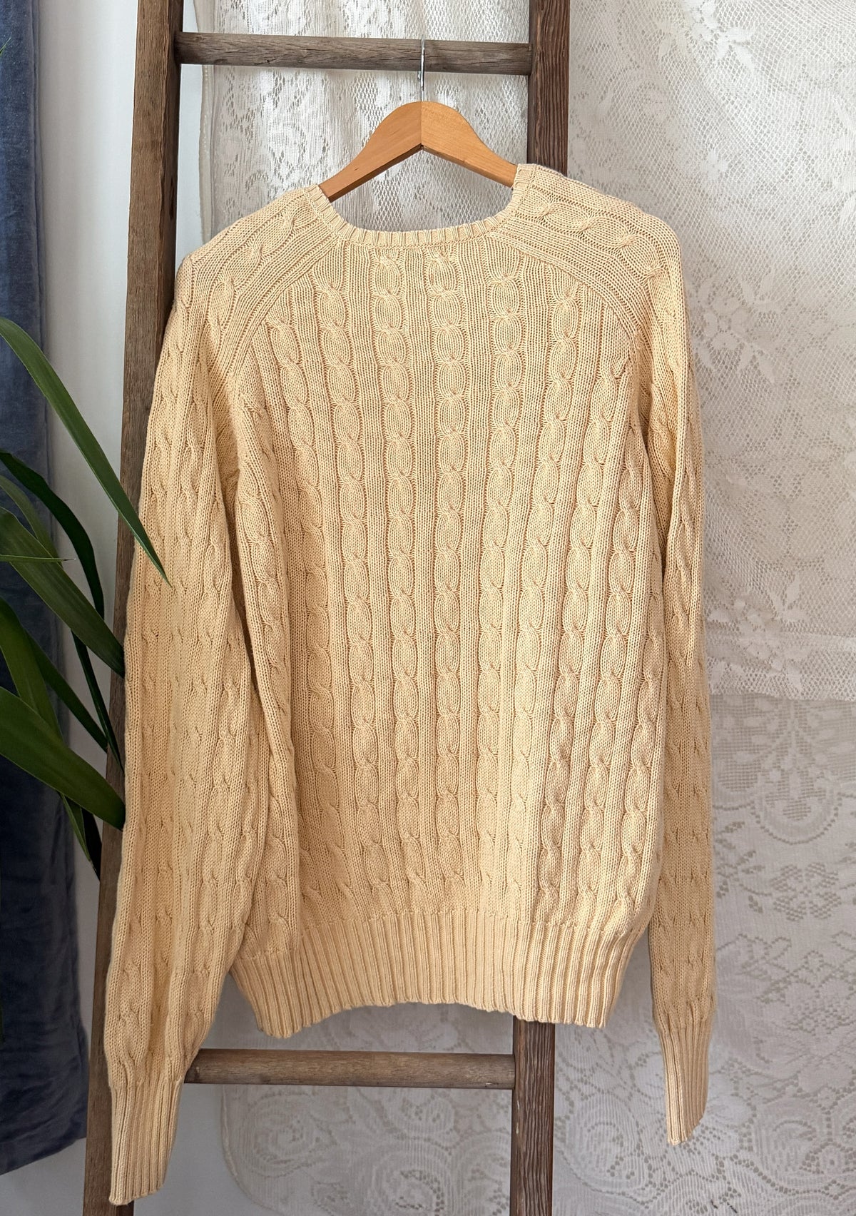 Vintage 90s Polo Ralph Lauren Cream Cable Knit Cotton V-Neck Crest Sweater