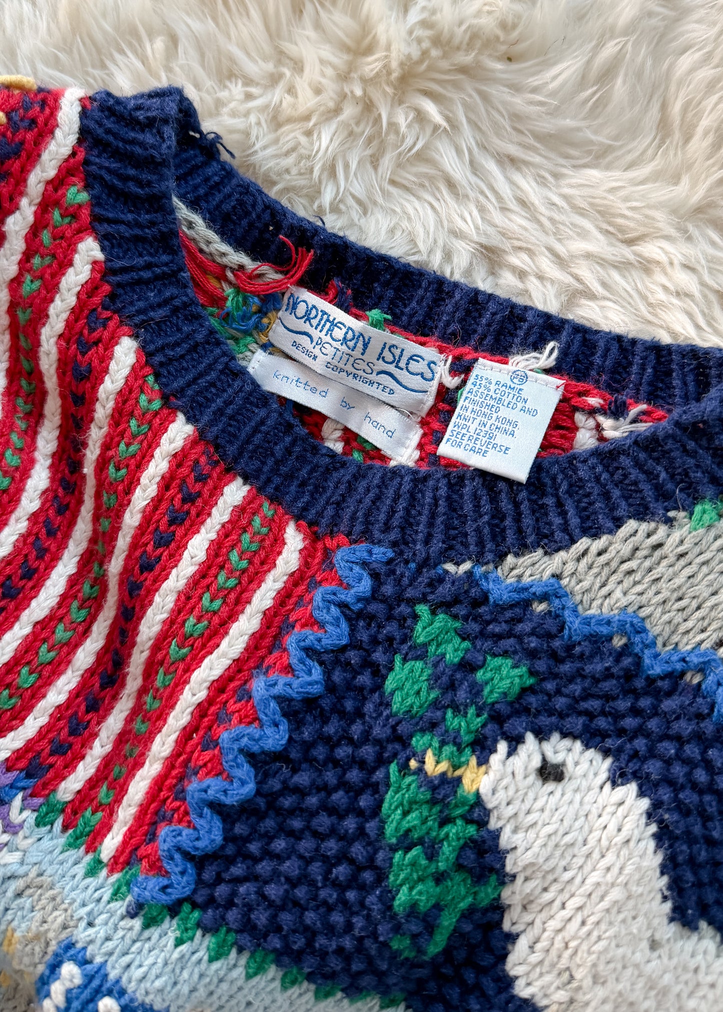 Vintage 90s Northern Isles Patchwork Hand Knit Americana School Yard Knit Pullover (S petite)