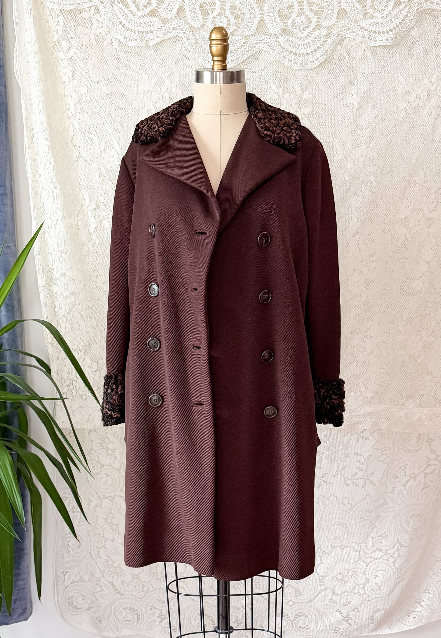 Vintage 1970s Chocolate Brown Double Breasted Coat Persian Curly Lamb Fur Trim