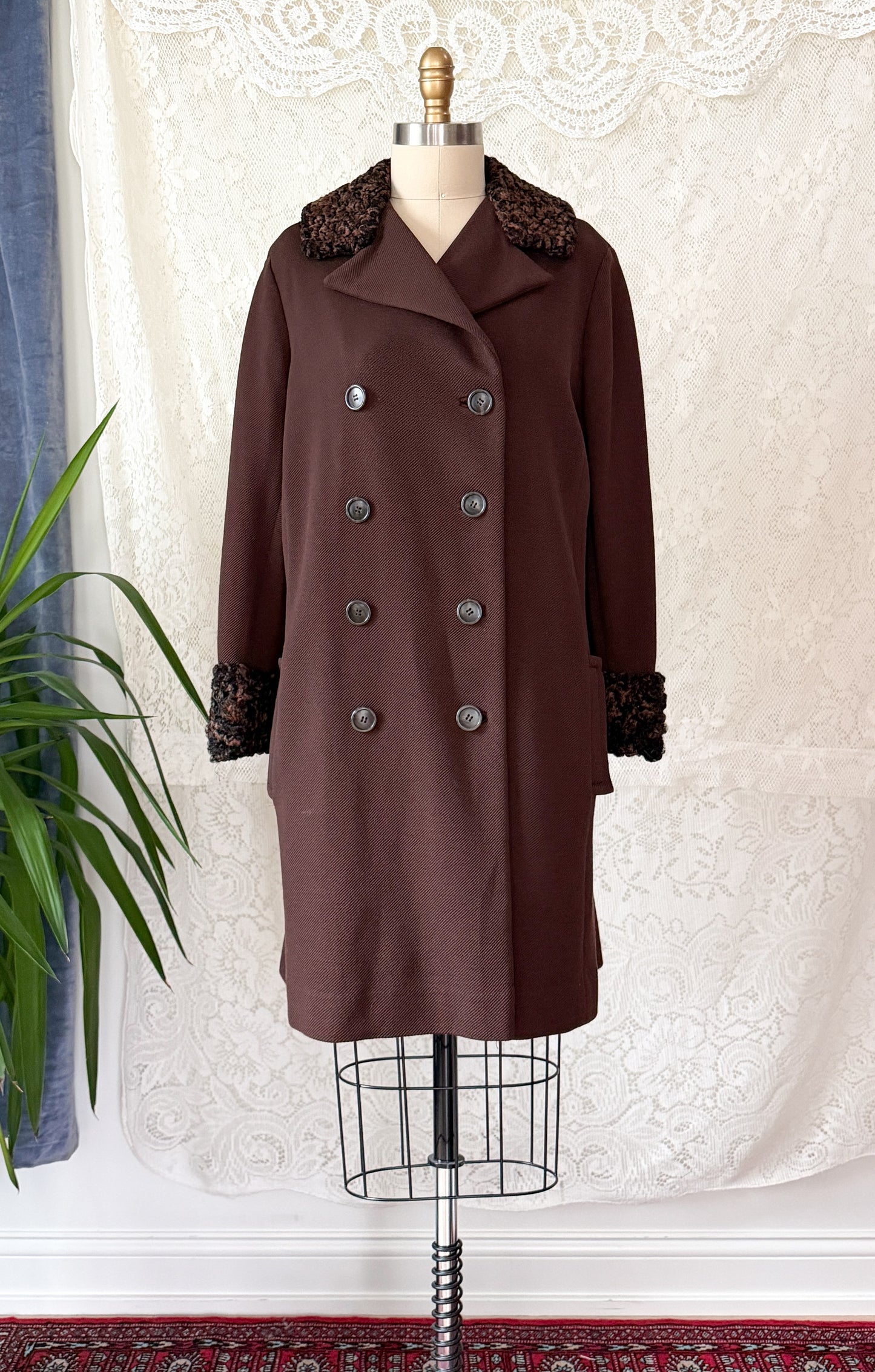 Vintage 1970s Chocolate Brown Double Breasted Coat Persian Curly Lamb Fur Trim