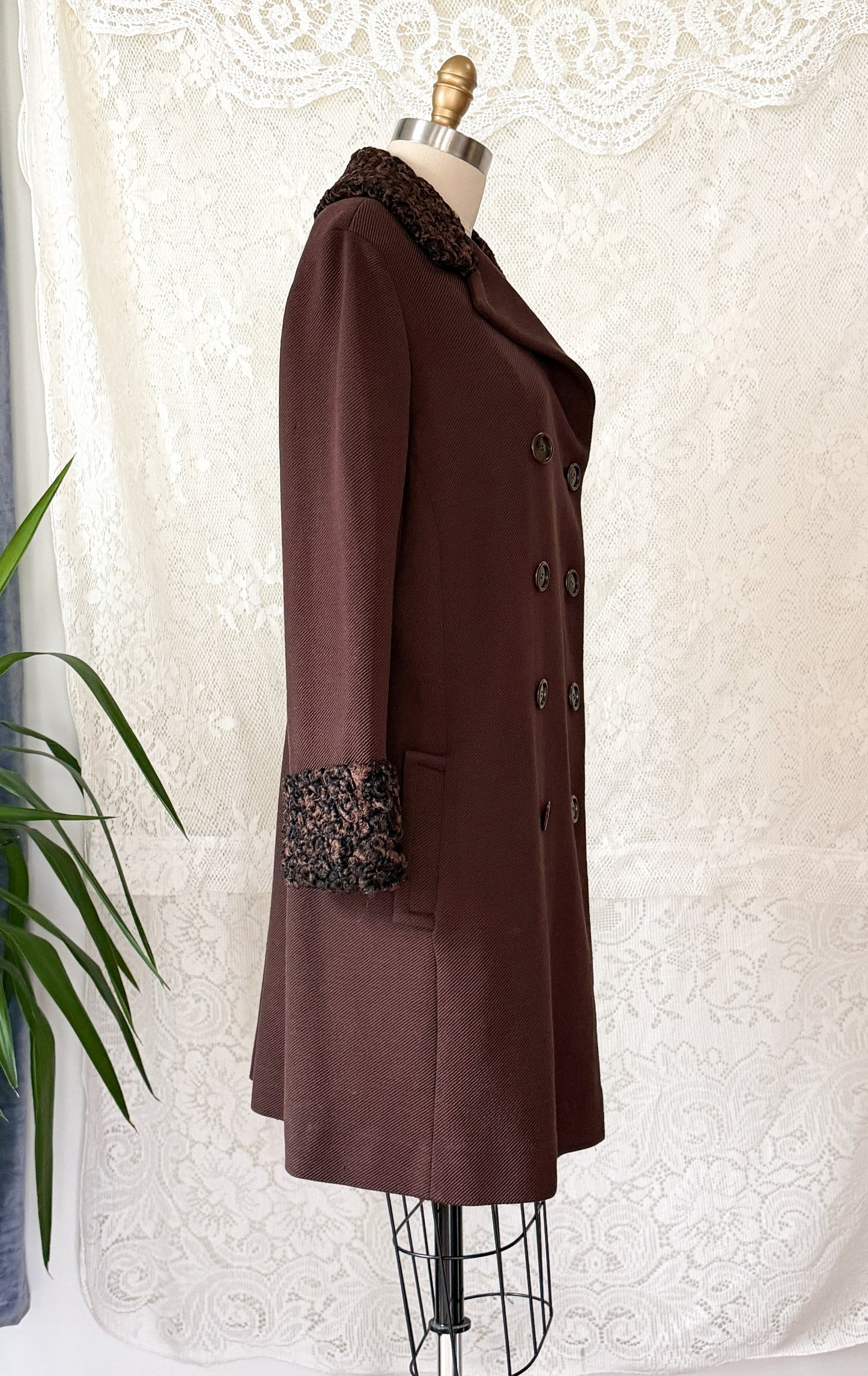 Vintage 1970s Chocolate Brown Double Breasted Coat Persian Curly Lamb Fur Trim