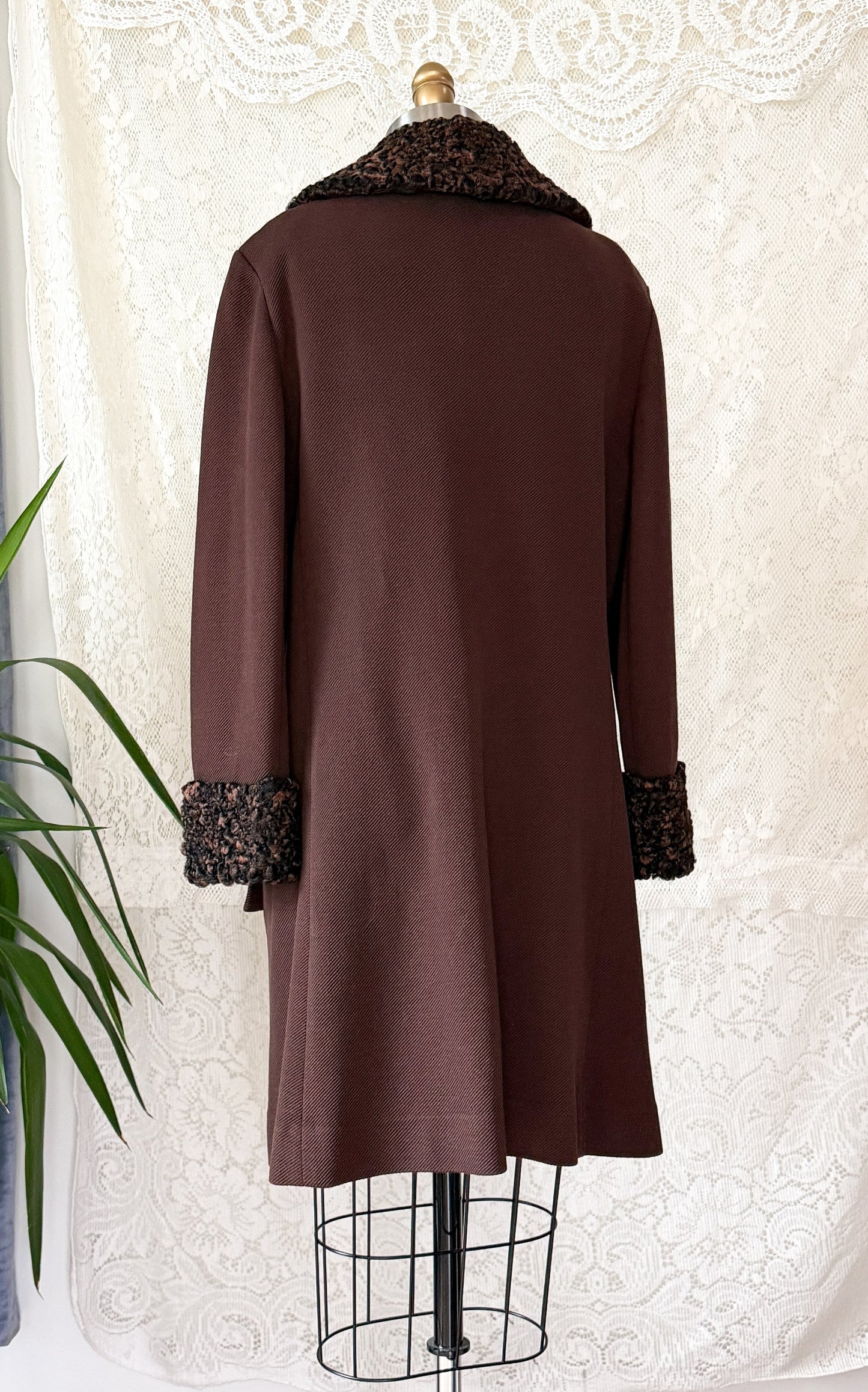 Vintage 1970s Chocolate Brown Double Breasted Coat Persian Curly Lamb Fur Trim