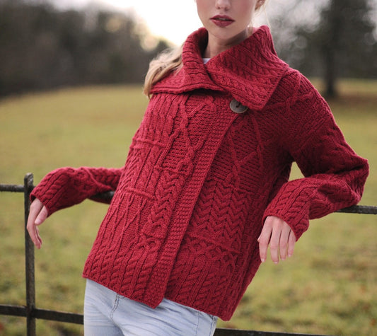 Aran Carraig Donn Irish Cranberry Red 100% Merino Wool Button Knit Sweater