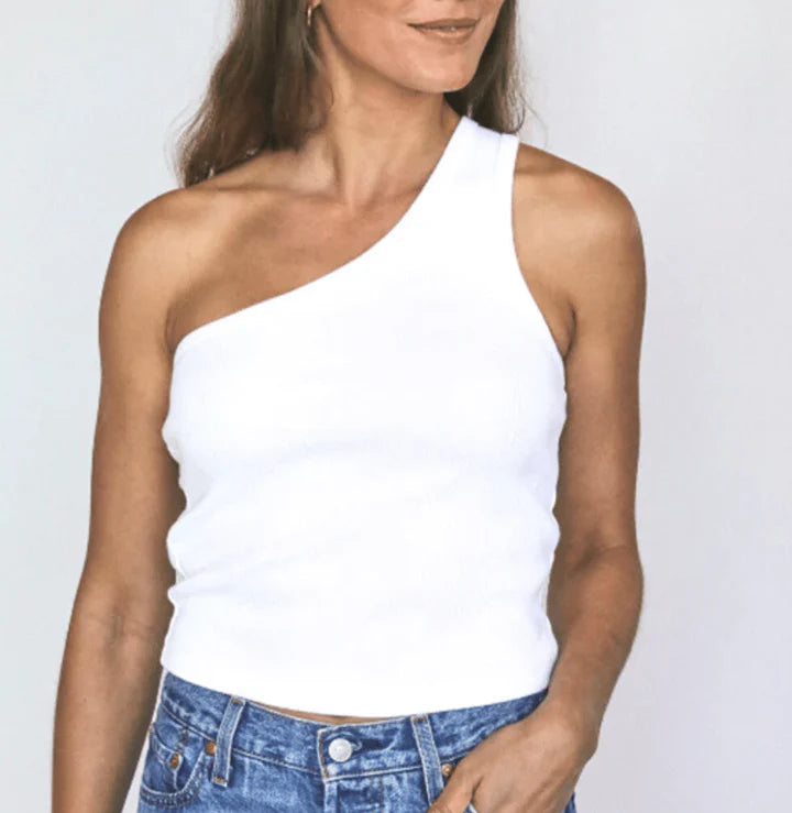 NEW Perfectwhitetee White Ribbed Blondie One Shoulder Tank Top (XS)