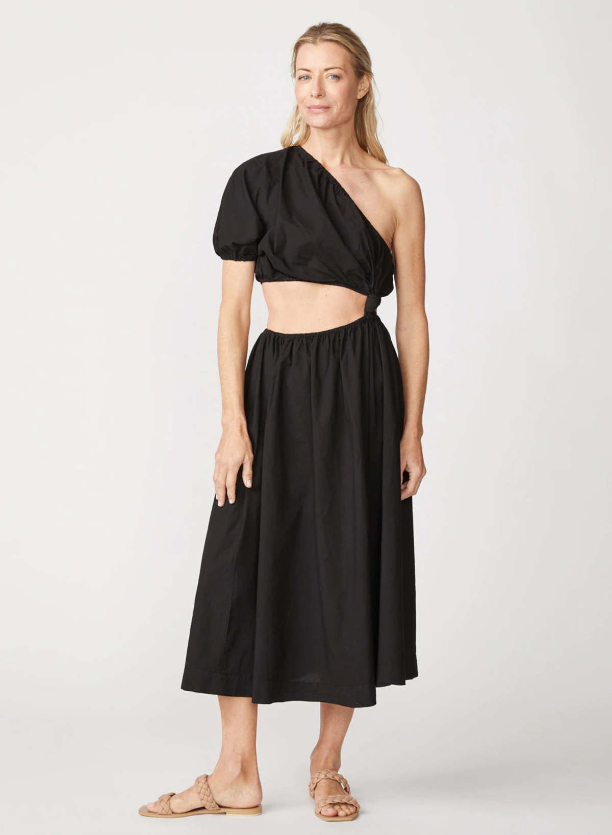 Stateside Poplin Black One-Shoulder Twist Maxi Dress (S)