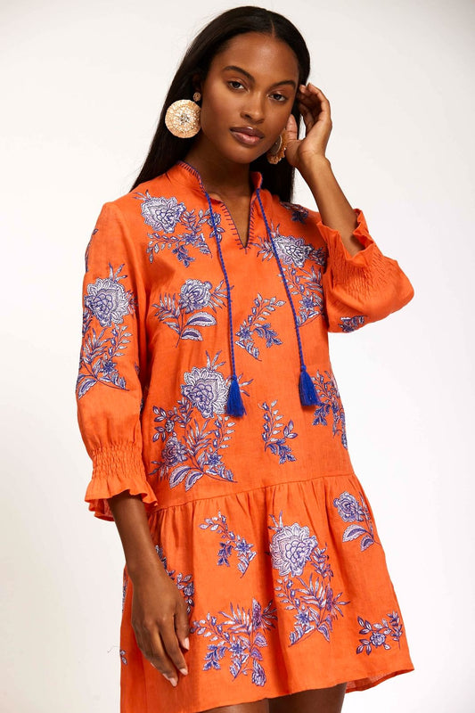 Tyler Boe Niki Fleur De Lis Orange Blue Embroidered Linen Dress (M)