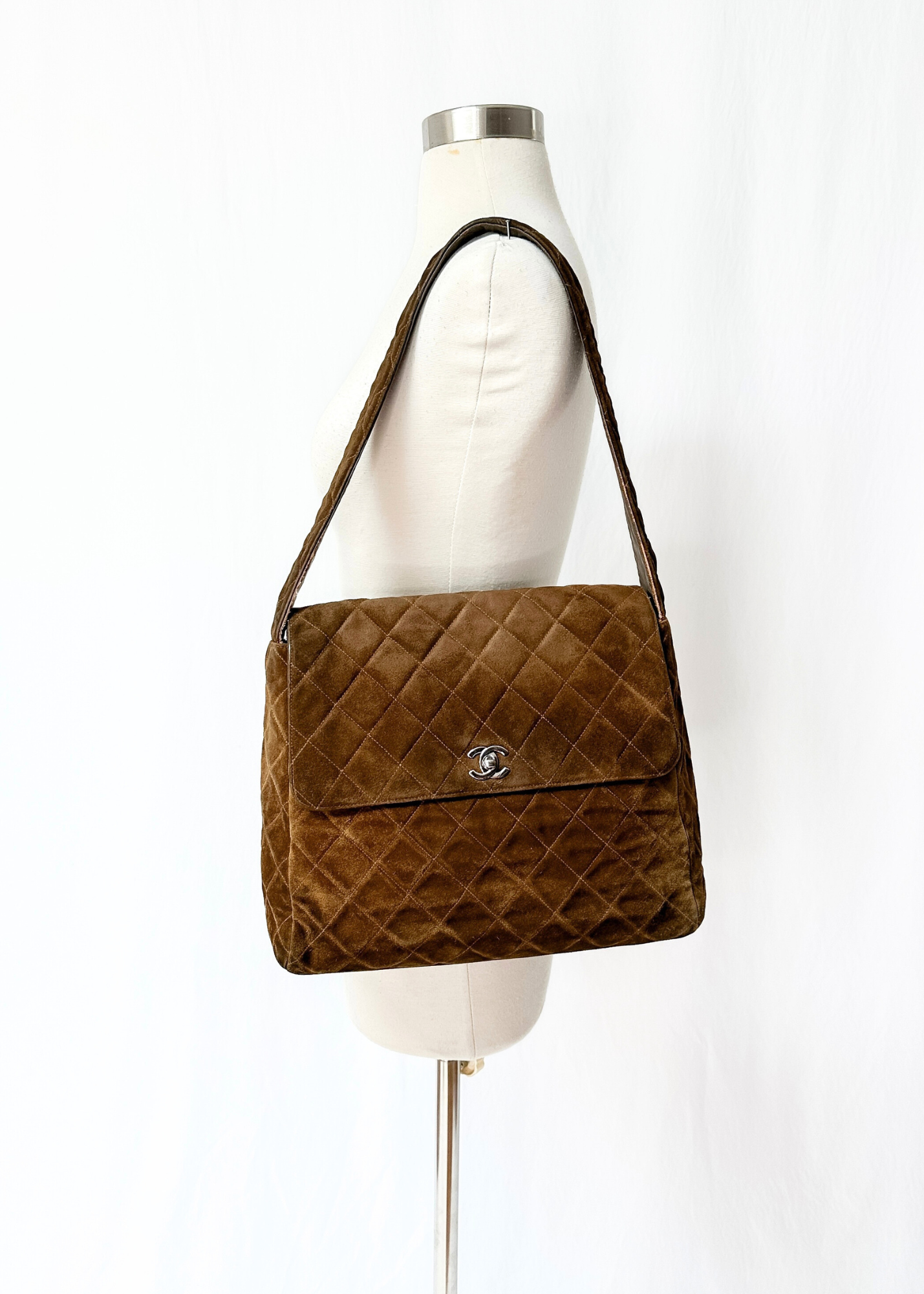 Vintage Chanel Brown Suede Quilted Matelassé Silver Turnlock Tote Purse