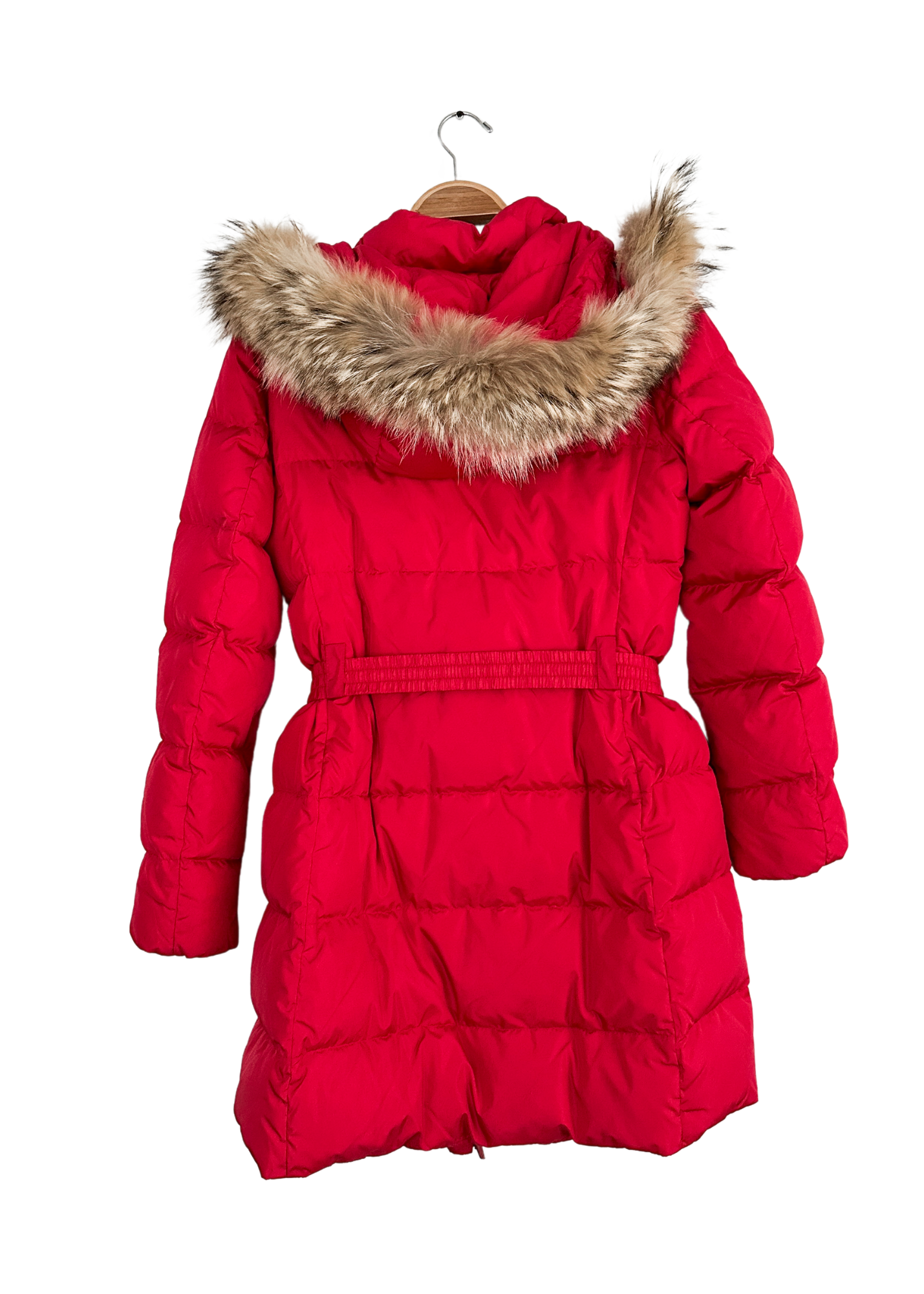 Coach Red Down Quilted Puffer Belted Winter Coat with Detachable Fur Trim (M) 83284