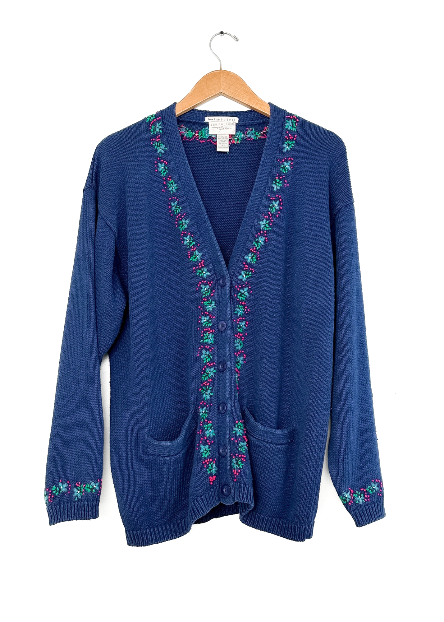 Vintage 90s Hand Embroidered Button Front Pockets Knit Cardigan (L)