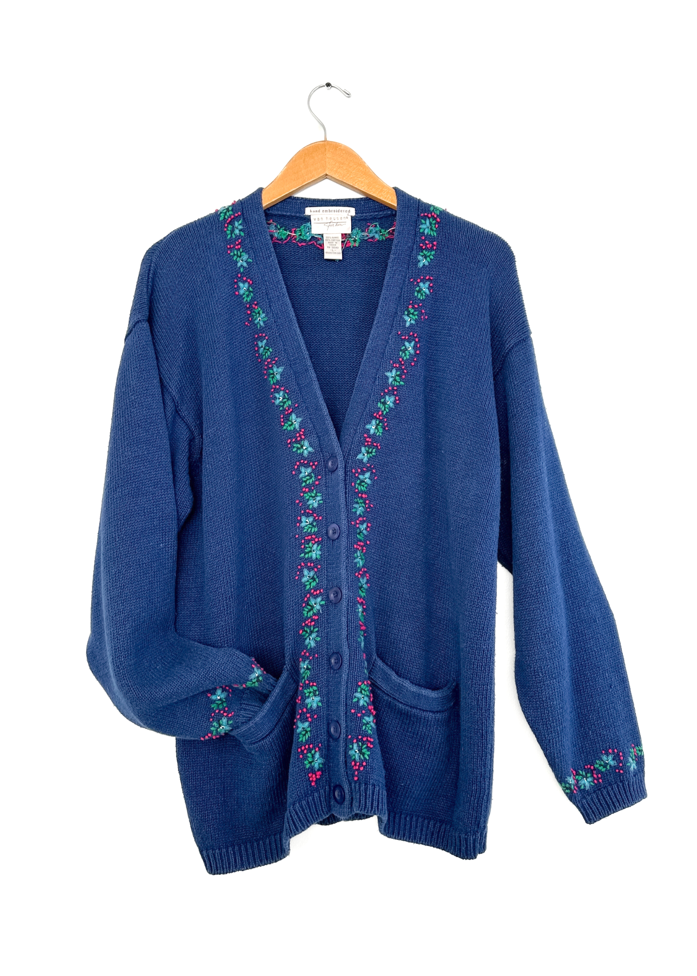 Vintage 90s Hand Embroidered Button Front Pockets Knit Cardigan (L)