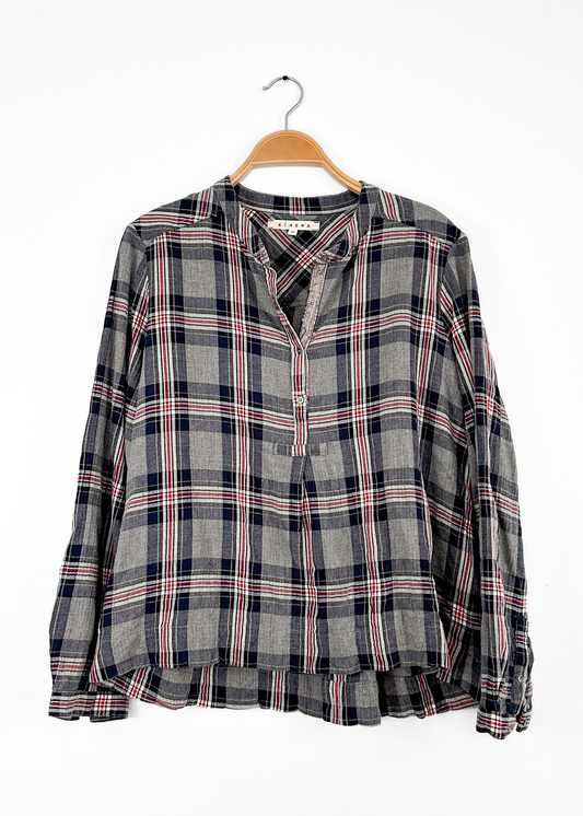 Xirena Navy Gray and Red Plaid Flannel 1/4 Button Down Top (S)