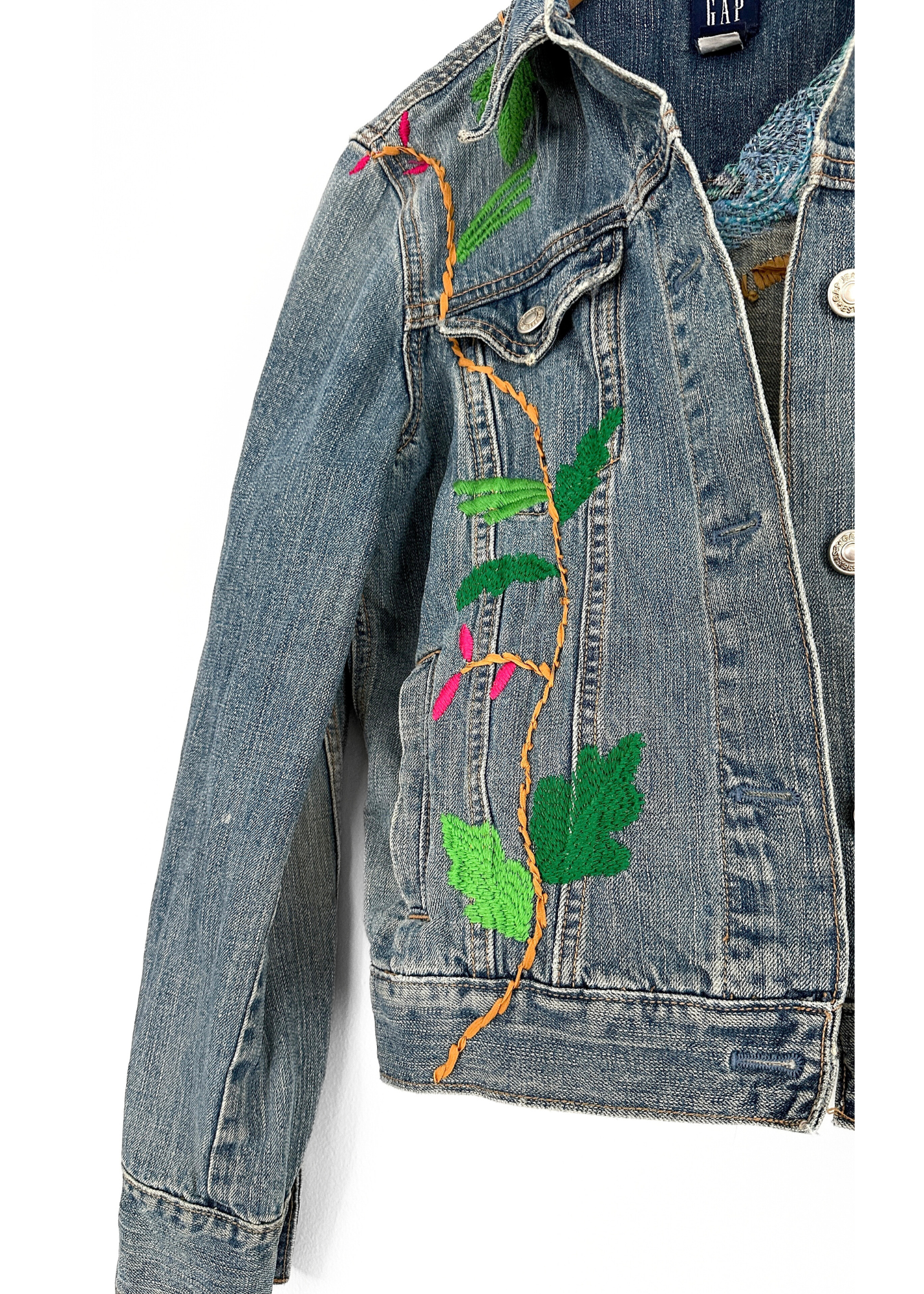 Gap Jean Denim Medium Wash Peacock Embroidered Jacket