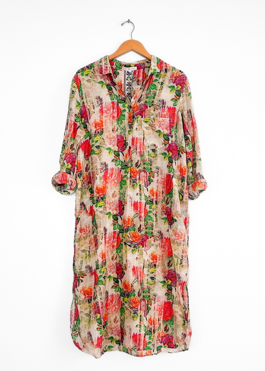 3J Workshop Johnny Was Floral Cotton Silk Shirt Dress (L)