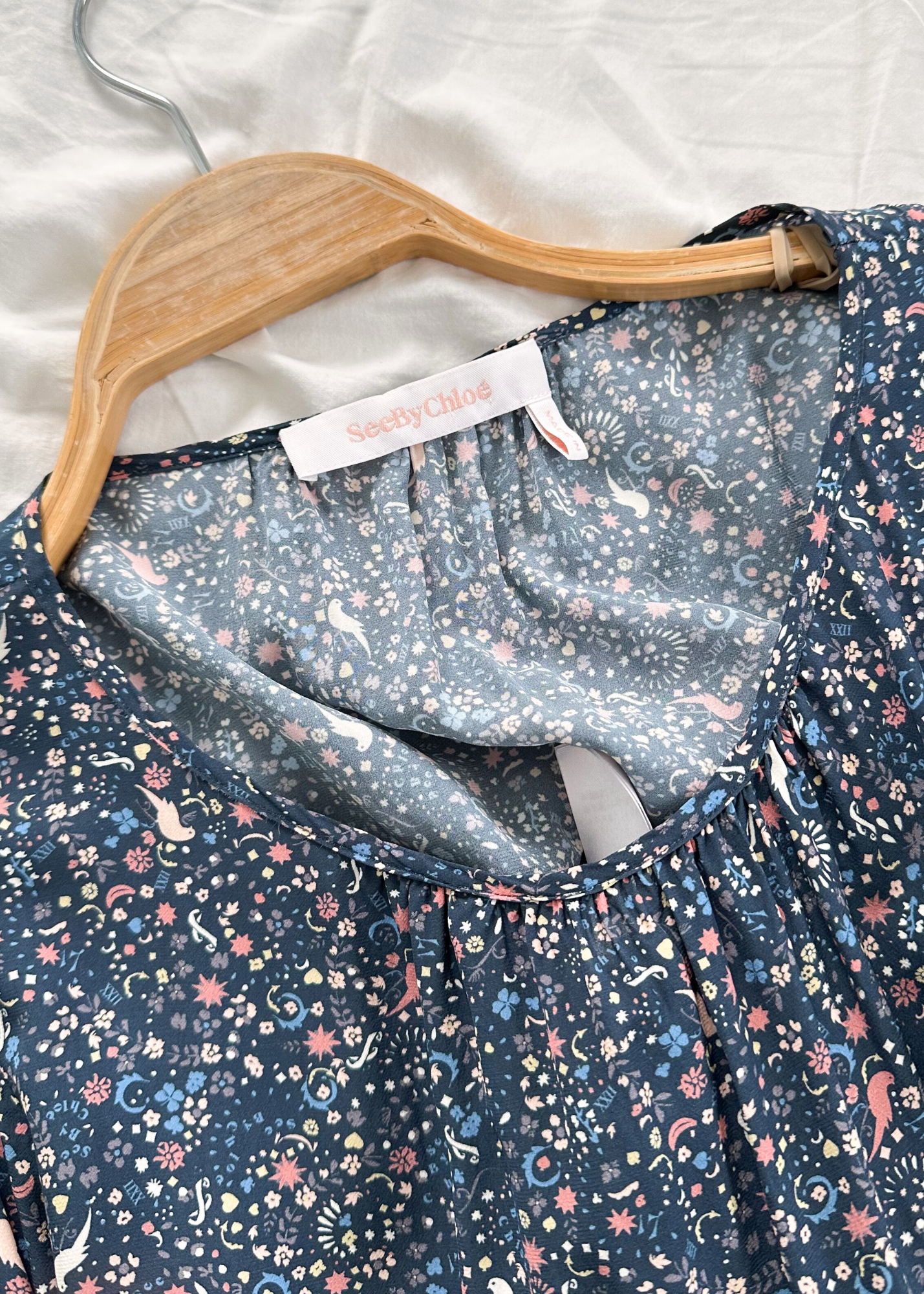 See by Chloe Navy Floral Lace Sleeve Dress (FR 36 or US 4)