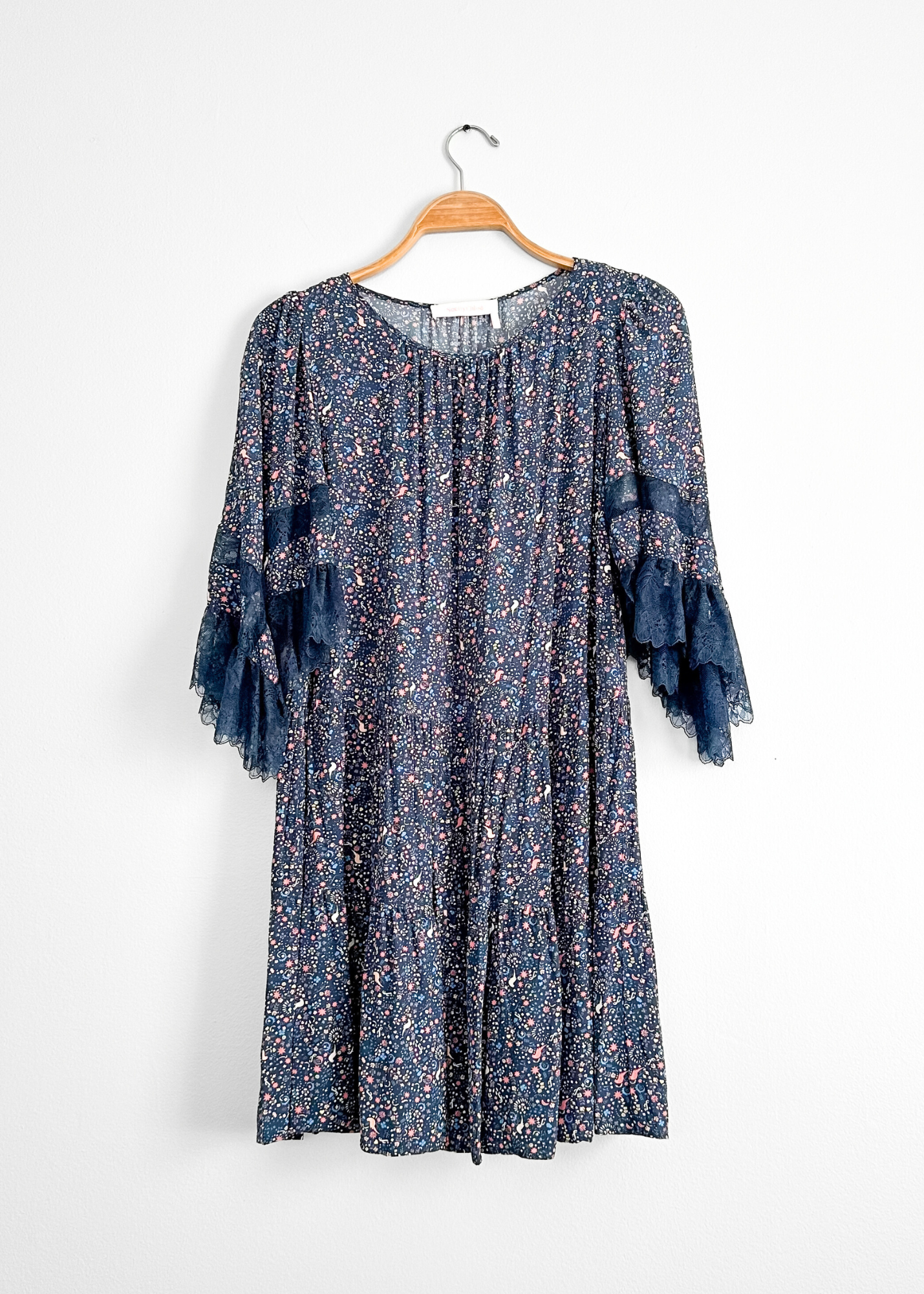 See by Chloe Navy Floral Lace Sleeve Dress (FR 36 or US 4)