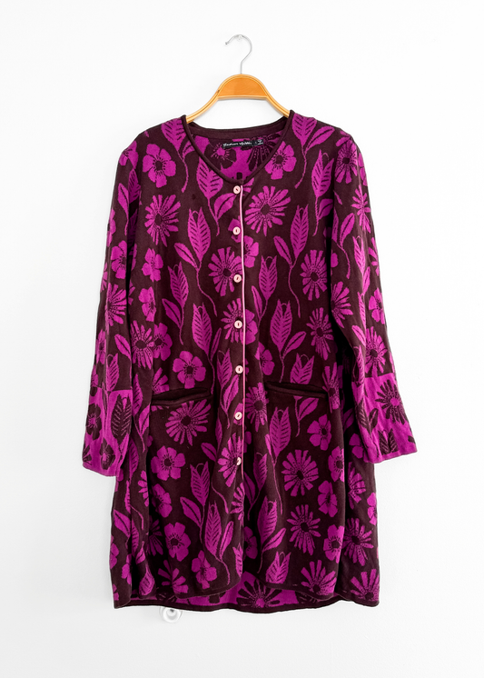 Gudrun Sjoden Purple & Brown Floral Cotton Long Cardigan Jacket (L)