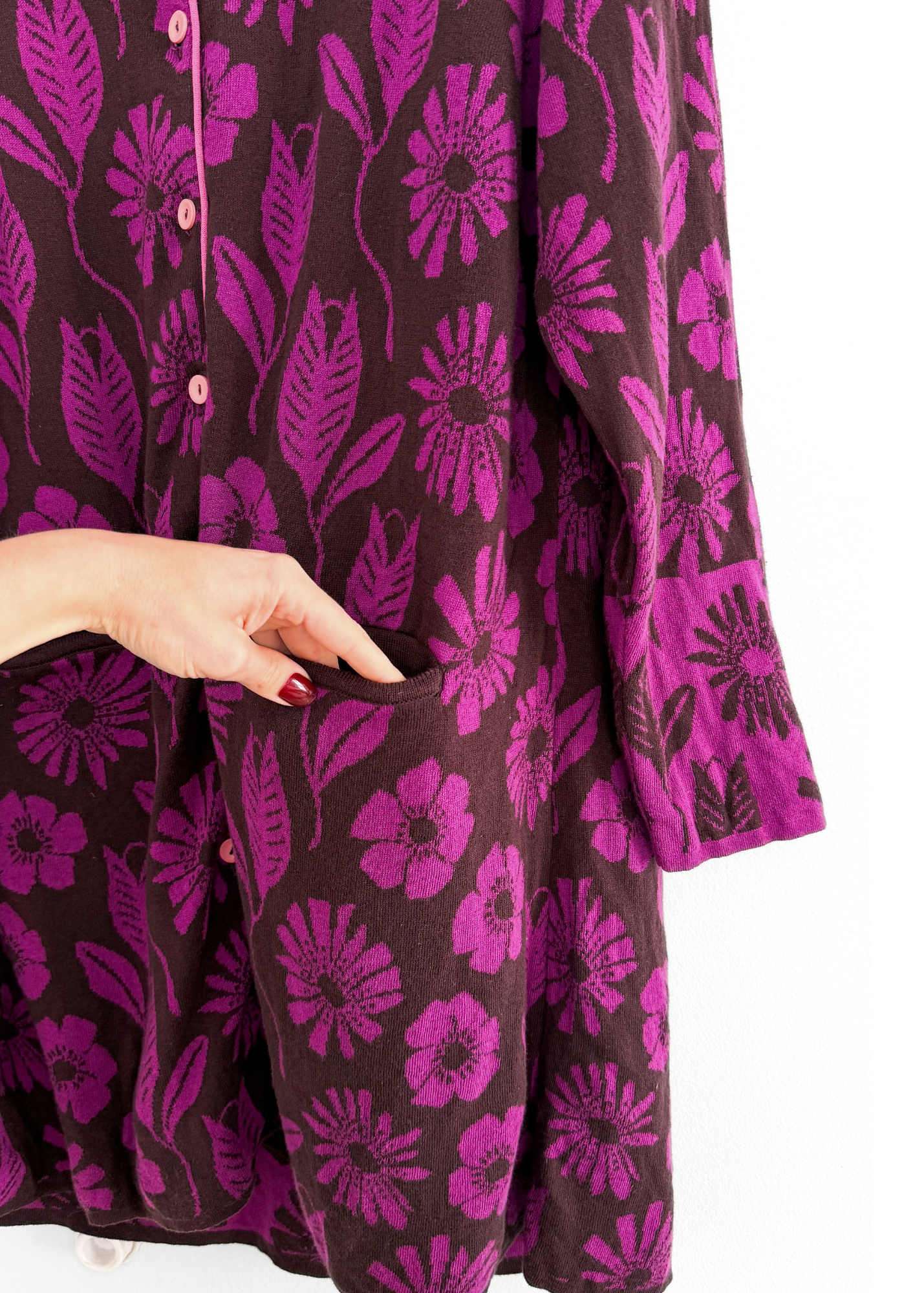 Gudrun Sjoden Purple & Brown Floral Cotton Long Cardigan Jacket (L)