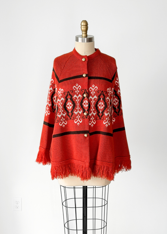 Vintage 70s Kingsley Burnt Orange Gold Button Capelet Knit (one size)