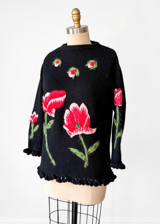 Vintage 60s 70s Mr. Thompson, Please! 100% Virgin Wool Hand Knit Floral Top (M)