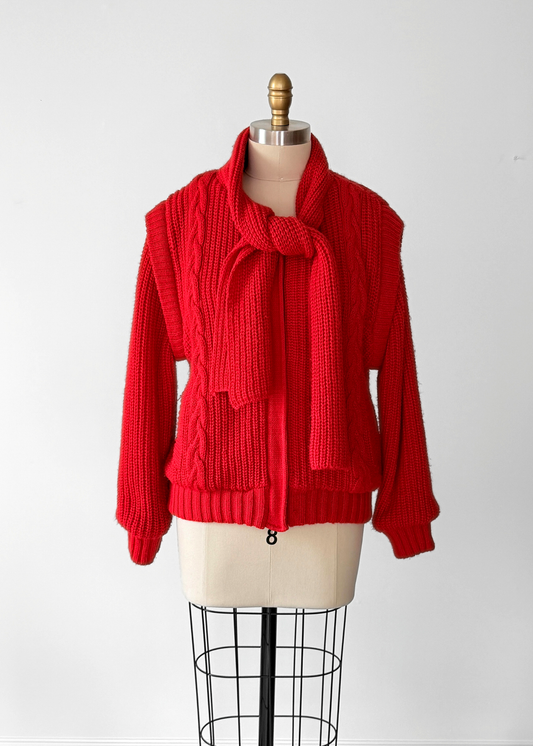 Vintage 80s Answers by Riddler Inc. Red Knit Zip Front Scarf Jacket (M)
