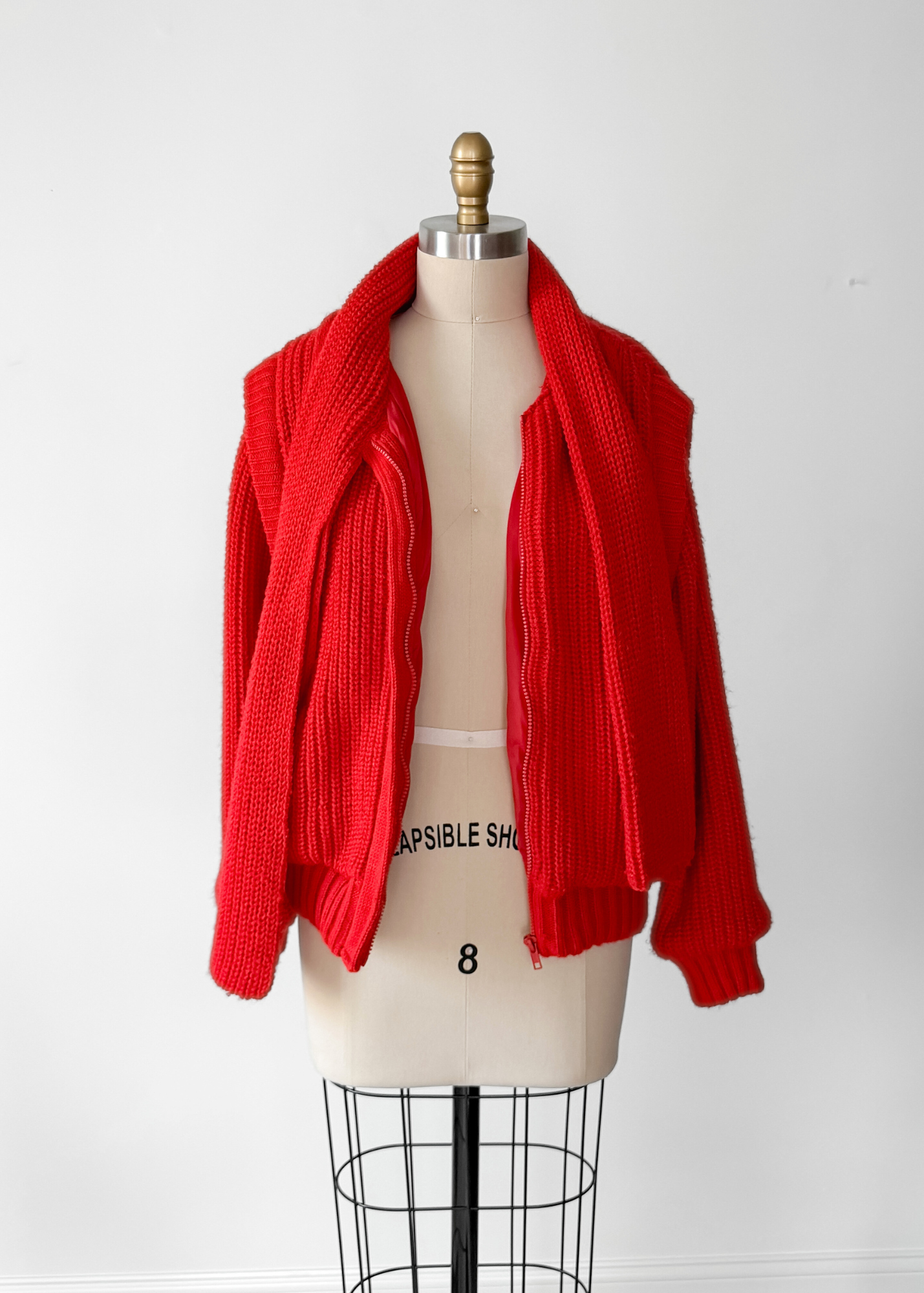 Vintage 80s Answers by Riddler Inc. Red Knit Zip Front Scarf Jacket (M)