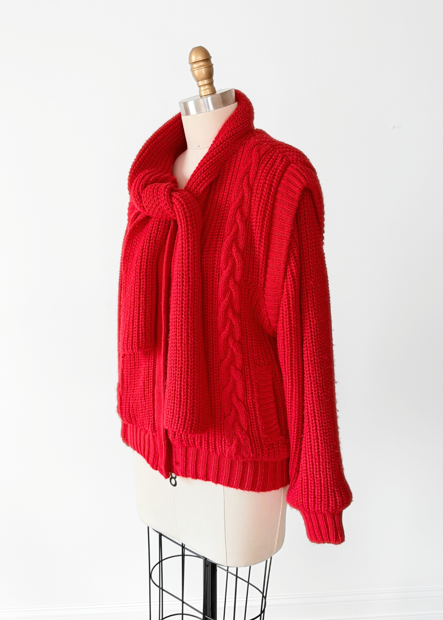 Vintage 80s Answers by Riddler Inc. Red Knit Zip Front Scarf Jacket (M)