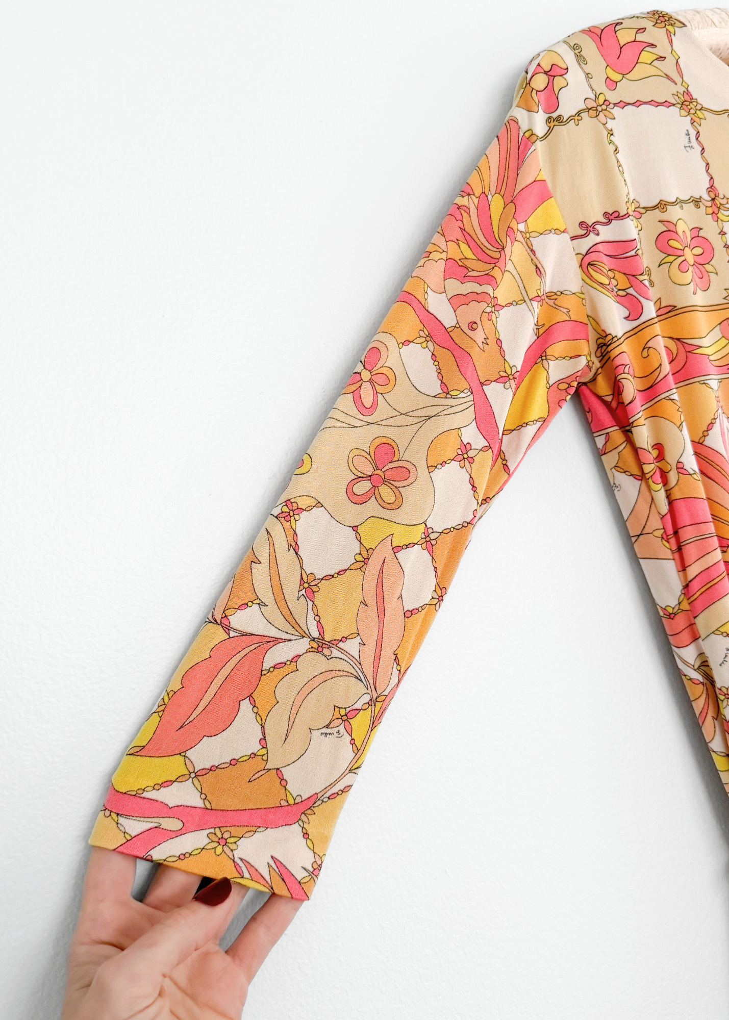 Vintage 60s 70s Emilio Pucci Silk Pink Peach Yellow Abstract Tie Belt Dress