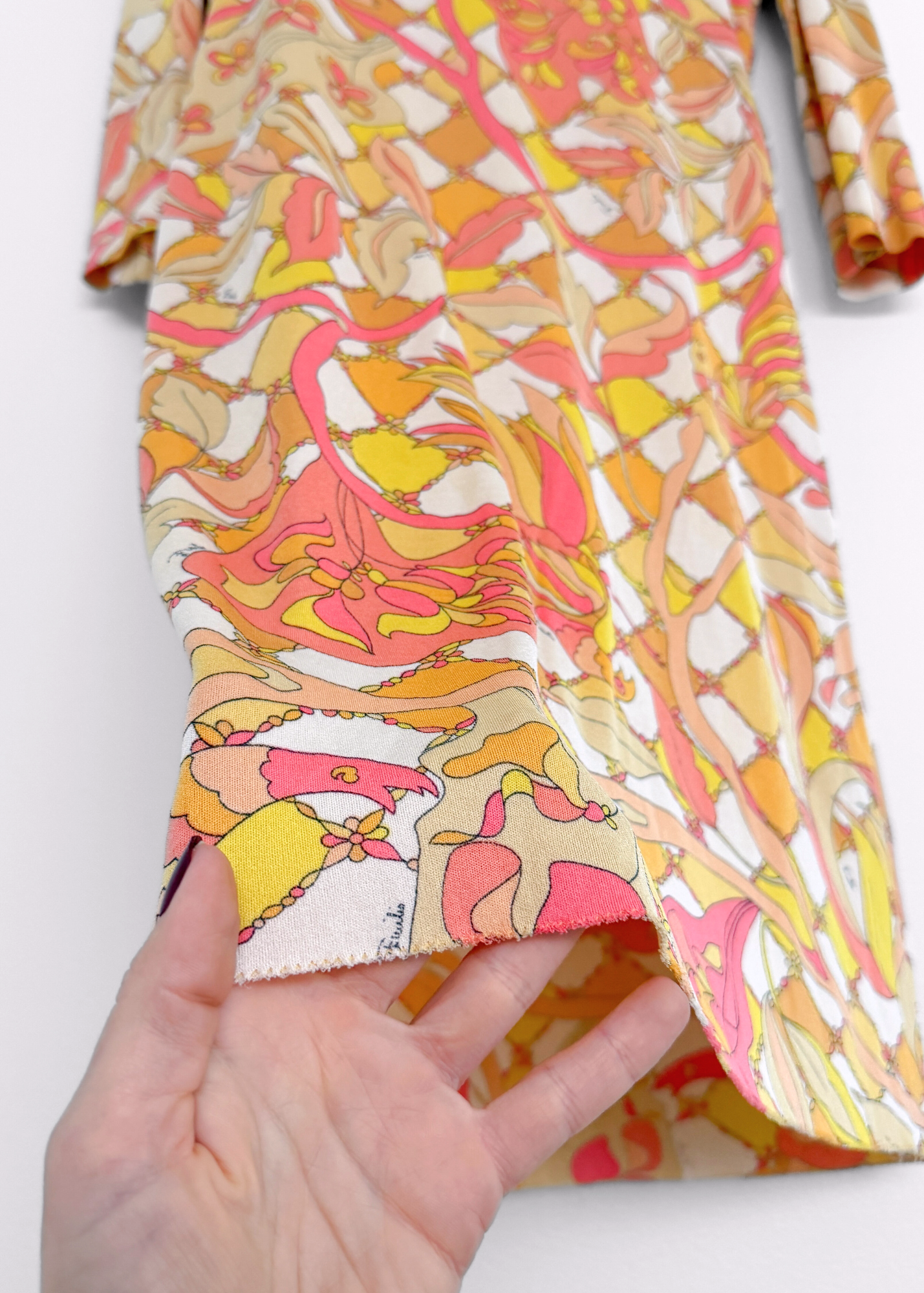Vintage 60s 70s Emilio Pucci Silk Pink Peach Yellow Abstract Tie Belt Dress