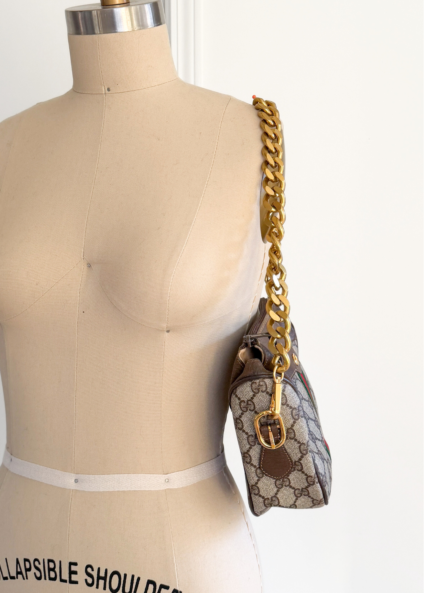 Vintage 80s Gucci Sherry Line GG Brown Shoulder Bag Purse + Gold Shoulder Chain