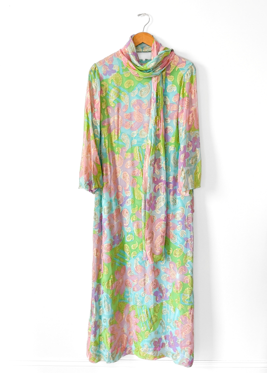Vintage 60s Nat Kaplan Couture Green Blue Pink Floral & Metallic Thread Dress with Neck Scarf