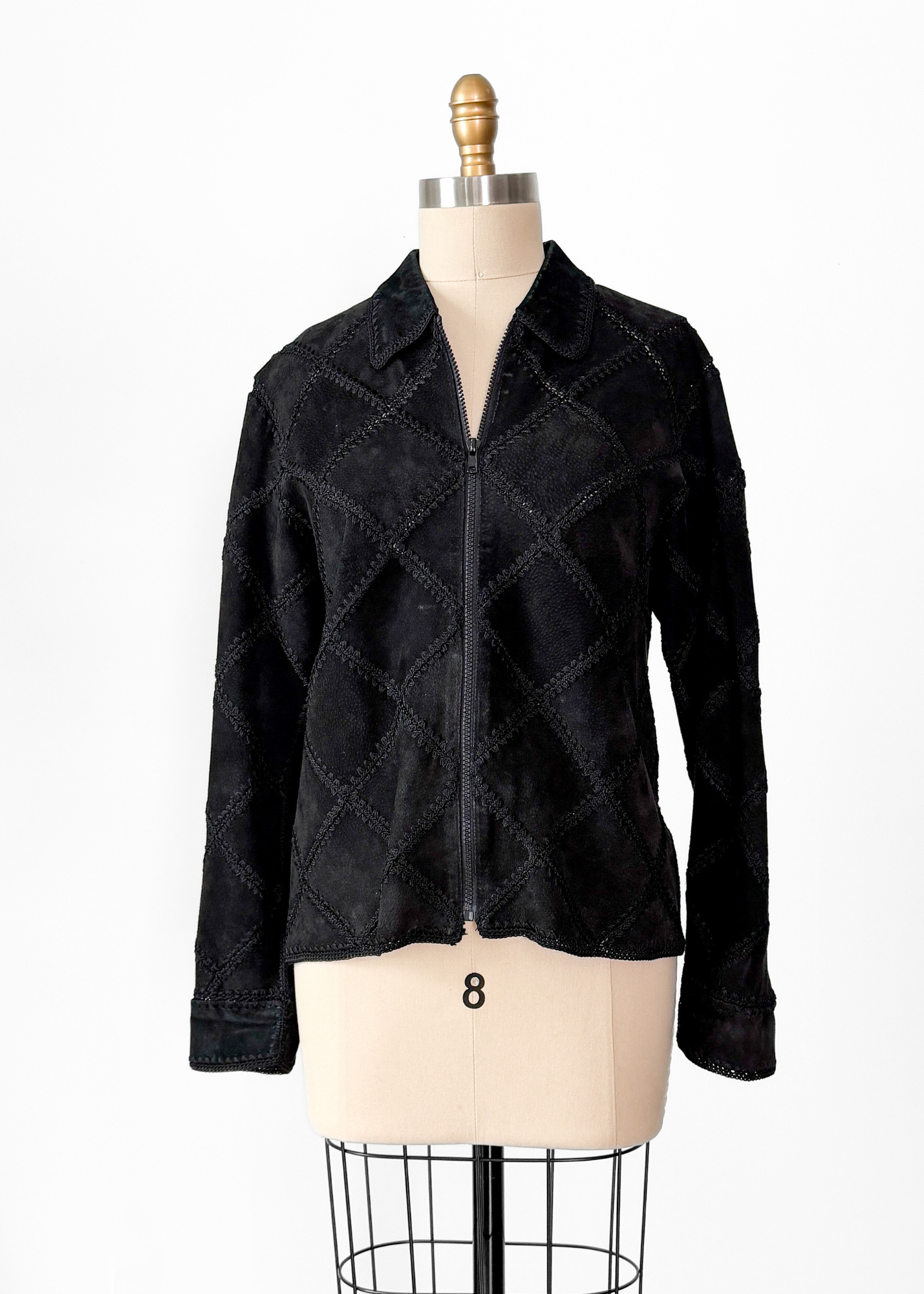 Vintage Black Suede Leather & Crochet Patchwork Zip Jacket (S/M)