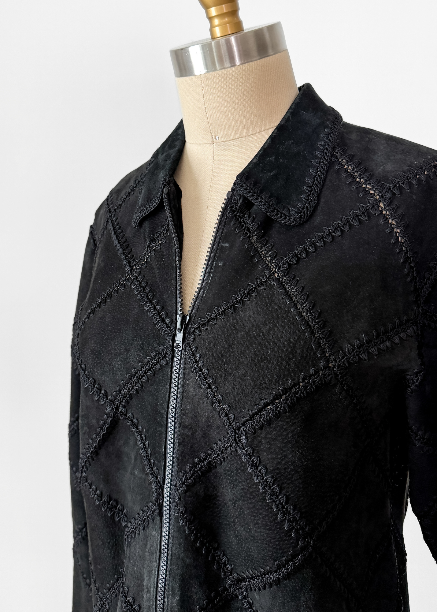 Vintage Black Suede Leather & Crochet Patchwork Zip Jacket (S/M)