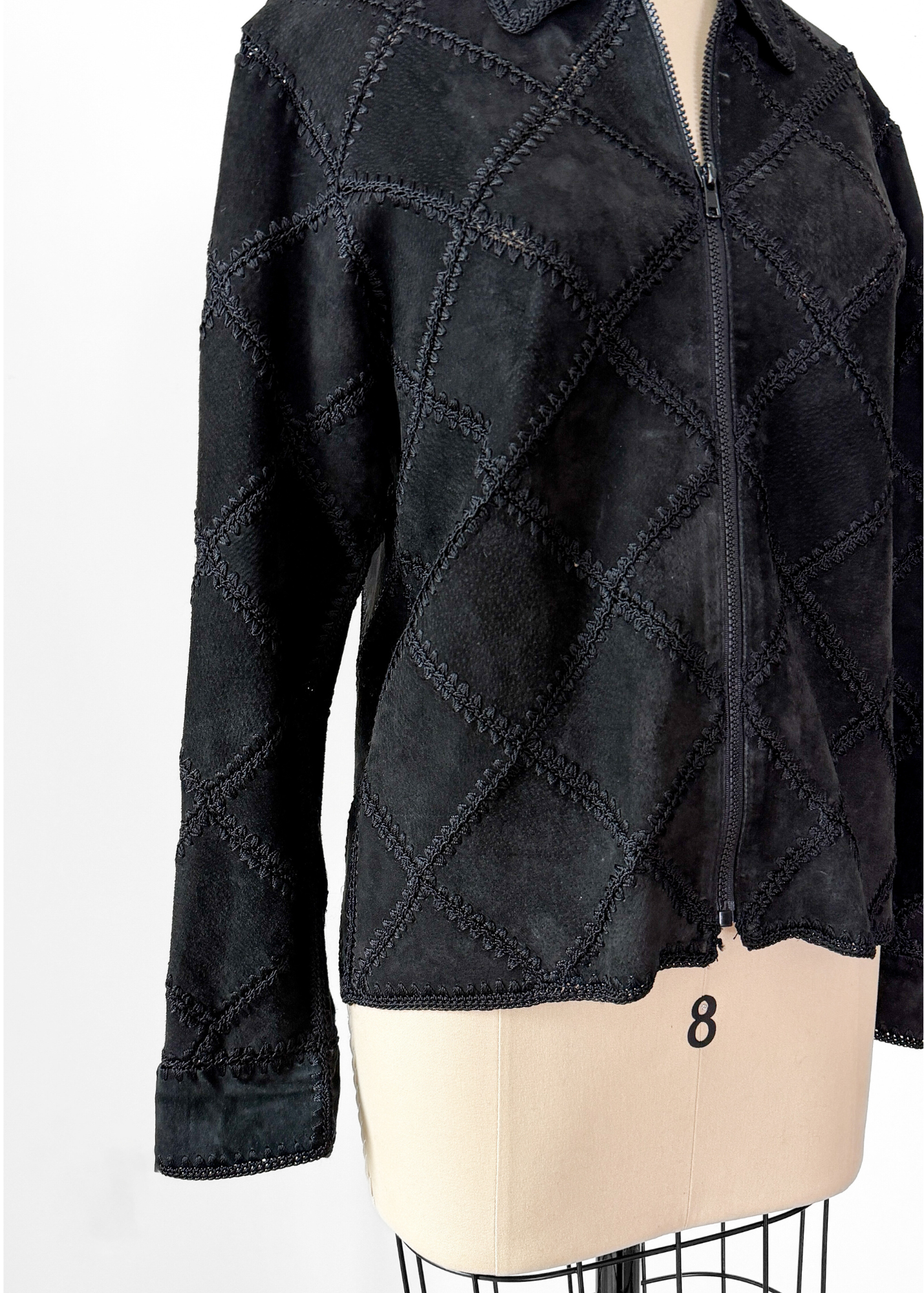 Vintage Black Suede Leather & Crochet Patchwork Zip Jacket (S/M)