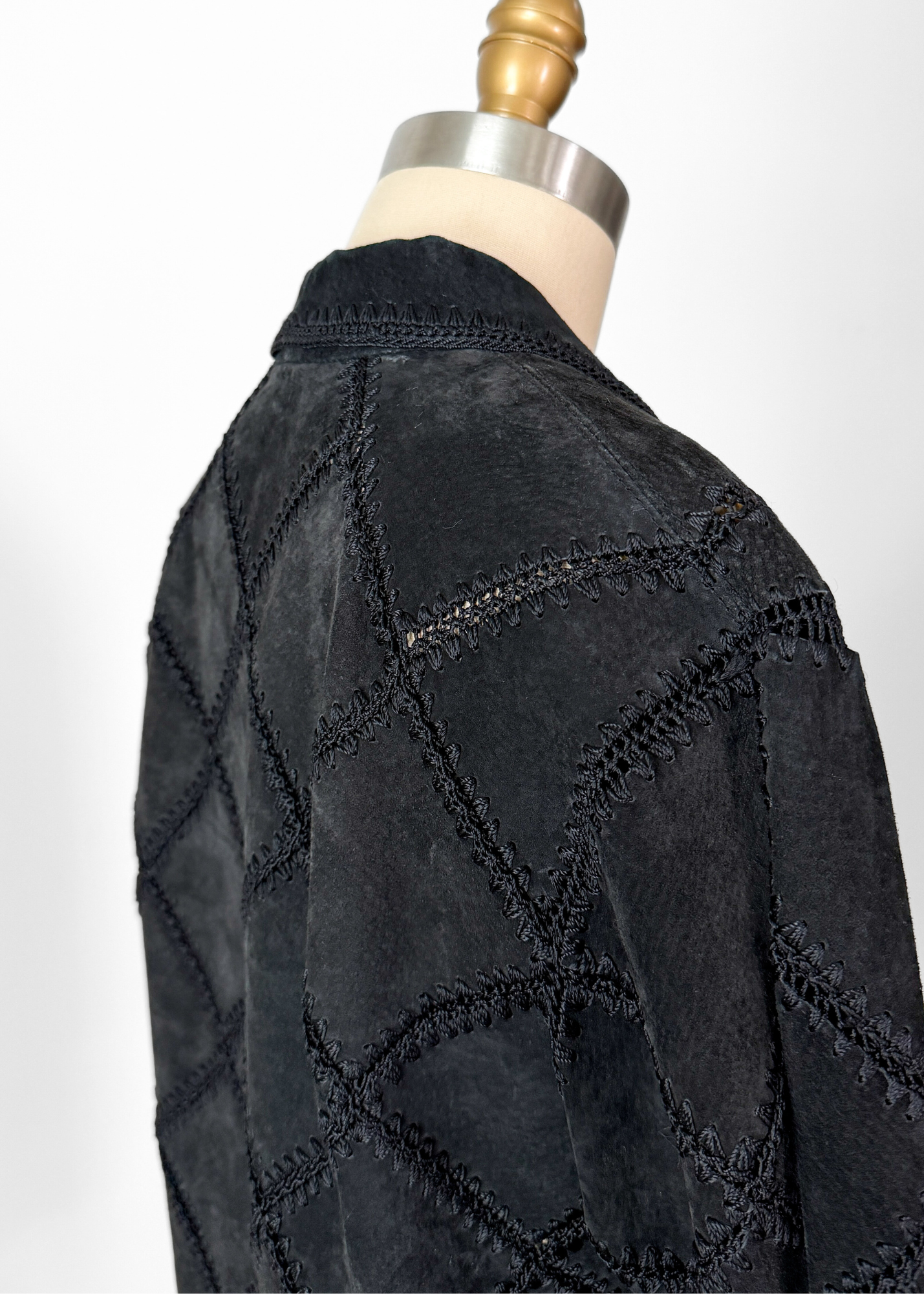 Vintage Black Suede Leather & Crochet Patchwork Zip Jacket (S/M)