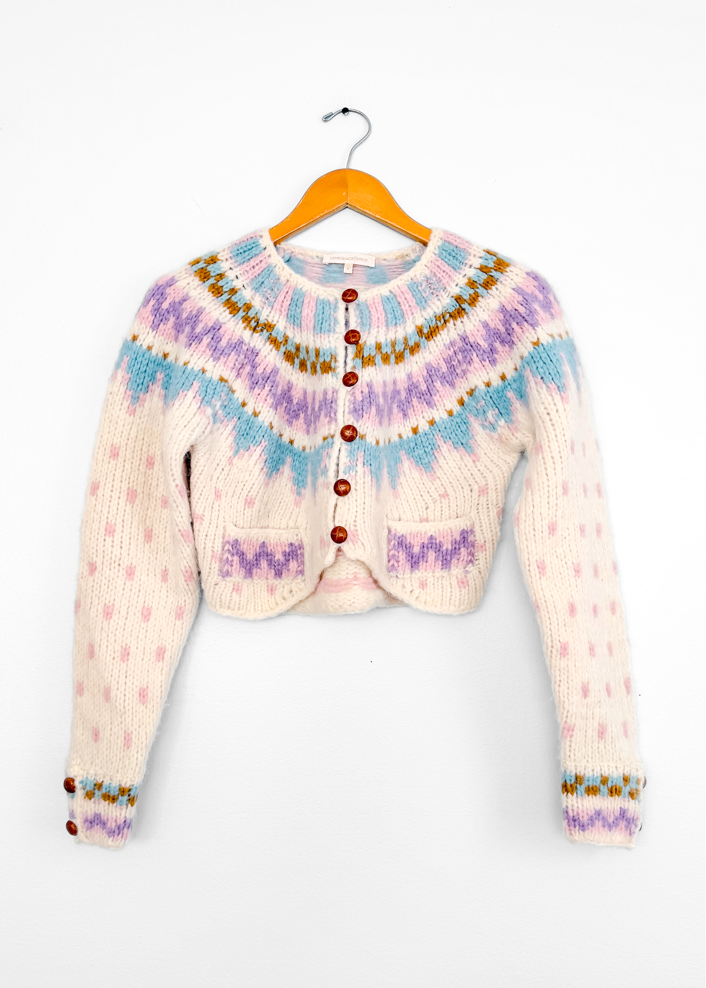 Loveshackfancy Fair Isle Cream Alpaca Cropped Button Down Cardigan (S)