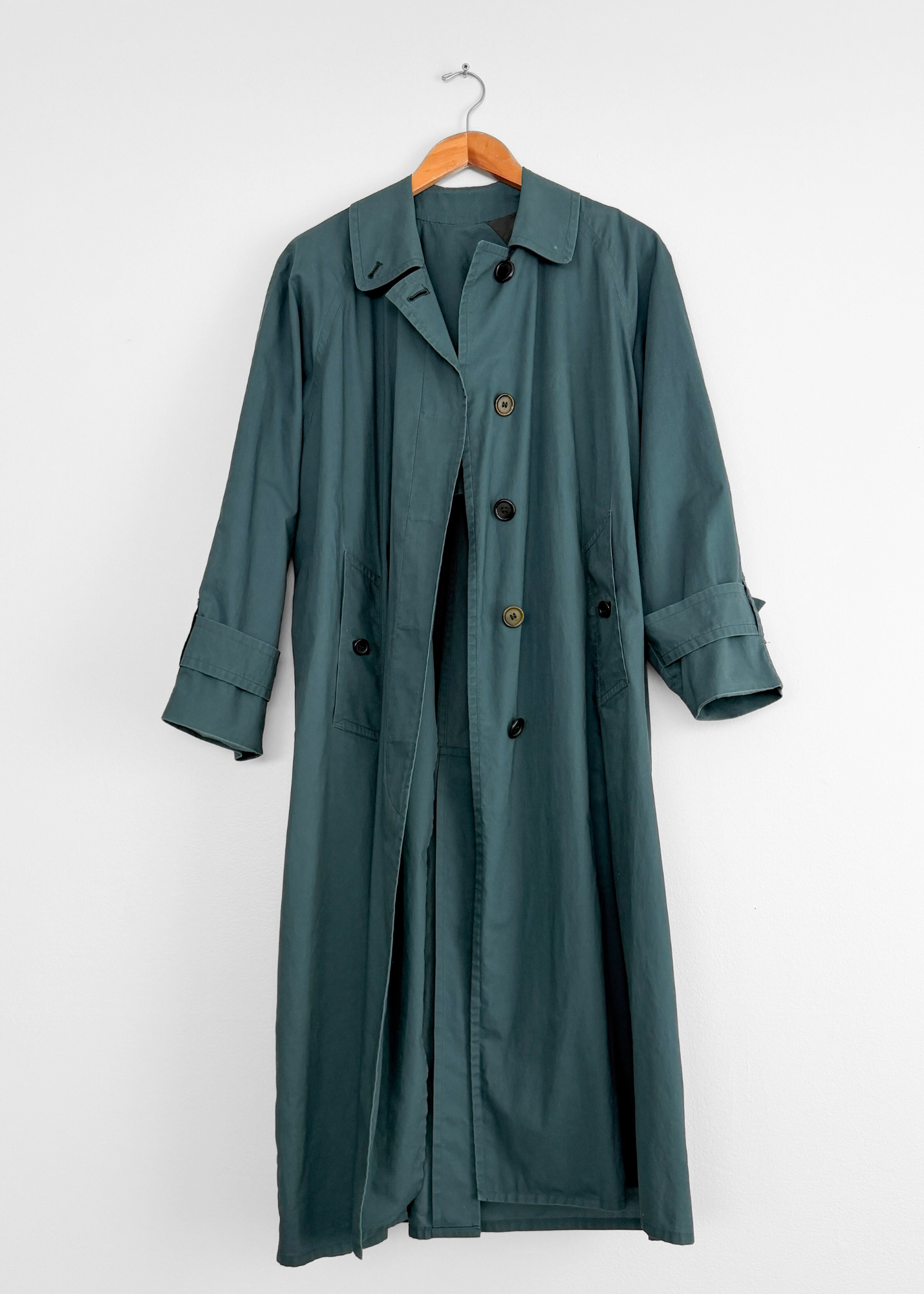 Vintage 90s Burberrys Dark Muted Teal Green Cotton Trench Coat