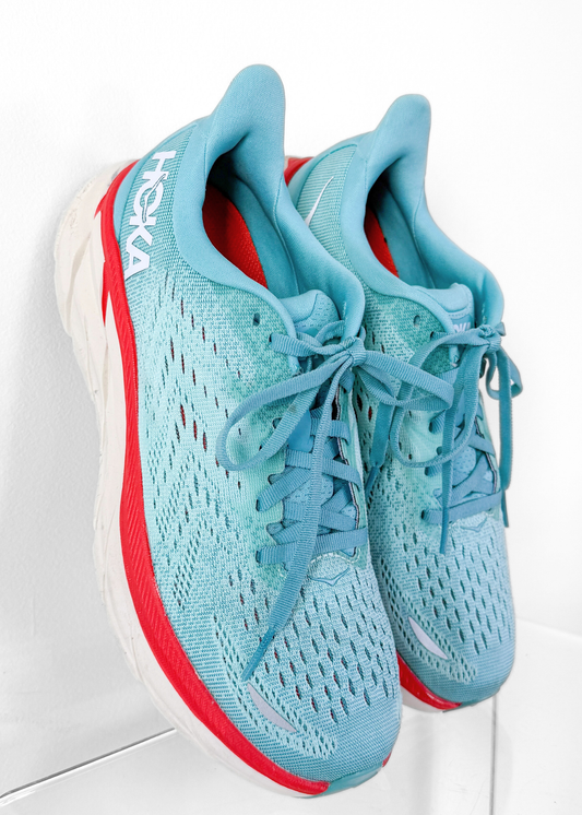 Hoka Women's Clifton 8 Running Shoes in Aquarelle/Eggshell Blue Turqoise (7.5)