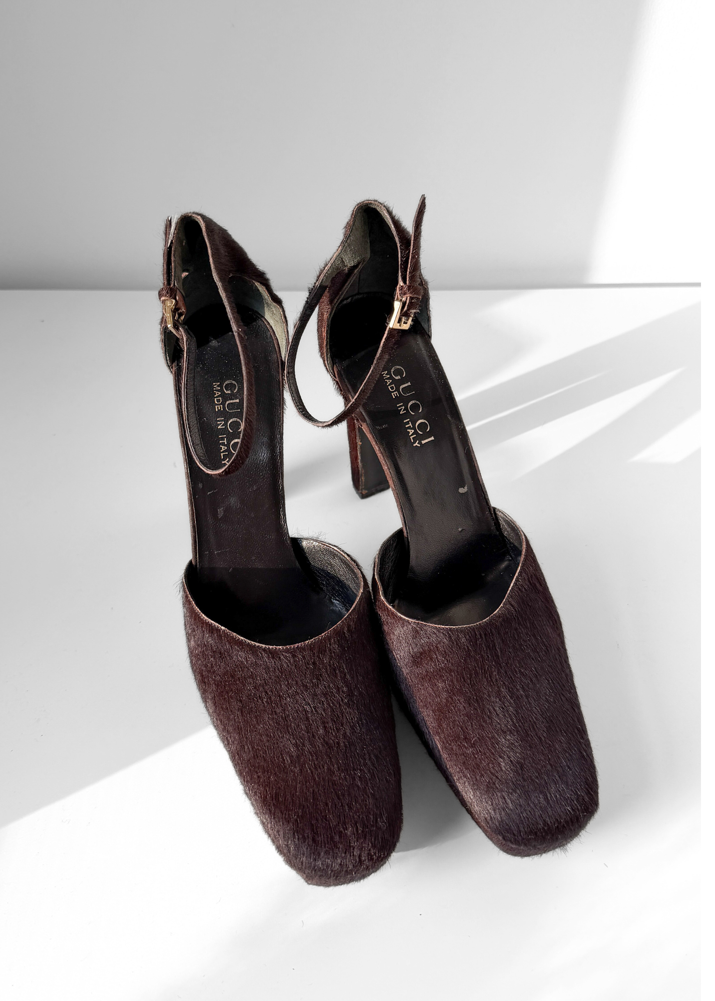 1996 Gucci by Tom Ford Brown Pony Hair Ankle Strap Square Toe Platform Heels (39)