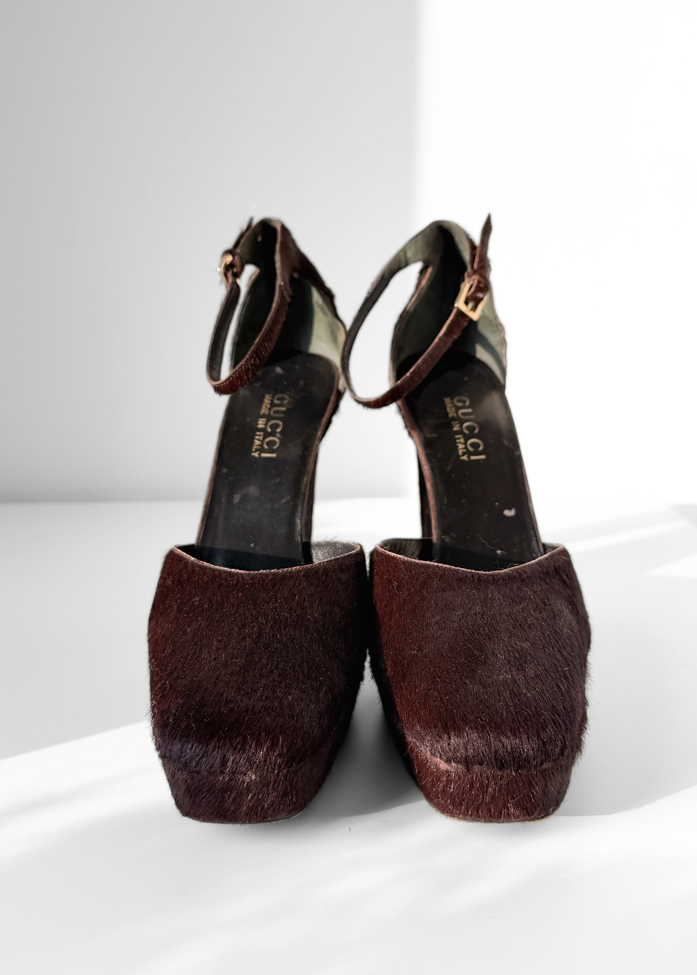 1996 Gucci by Tom Ford Brown Pony Hair Ankle Strap Square Toe Platform Heels (39)