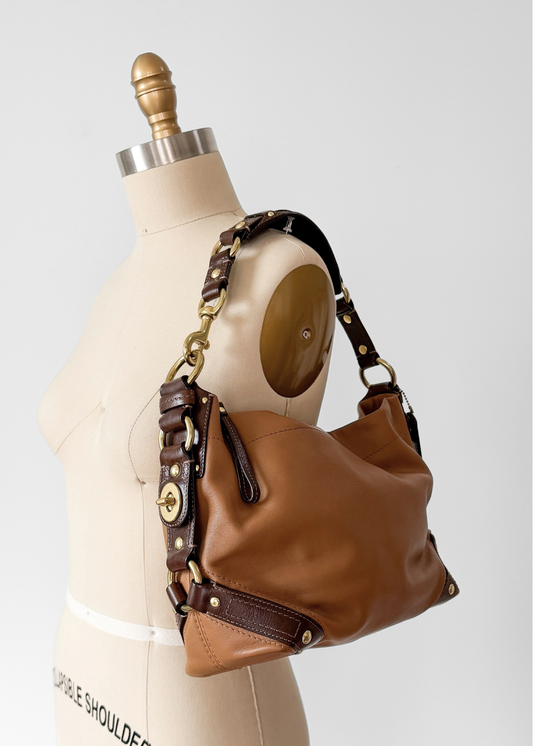 Vintage Y2K Coach Carly Duffle Shoulder Hobo Purse in Carmel and Dark Brown Leather