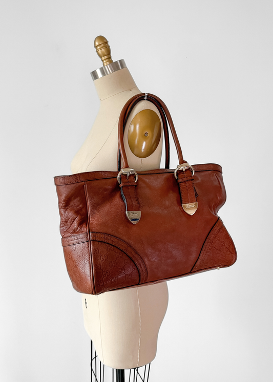 Vintage 00s Gucci Brown Leather Guccissima Signoria Large Tote Bag Shoulder Purse