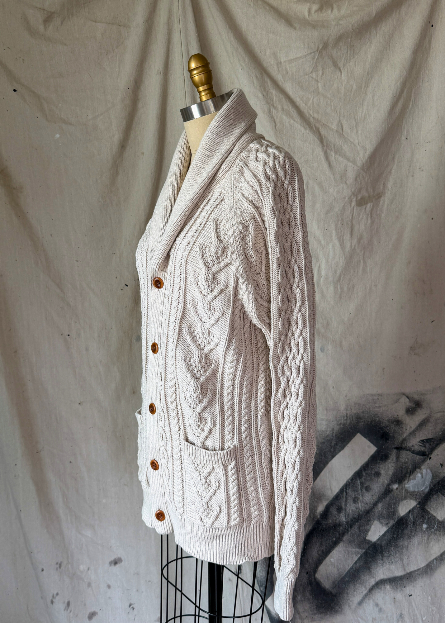 J.Crew Men's Cream Beige Cotton Fisherman Shawl Collar Button Cardigan Sweater (L)