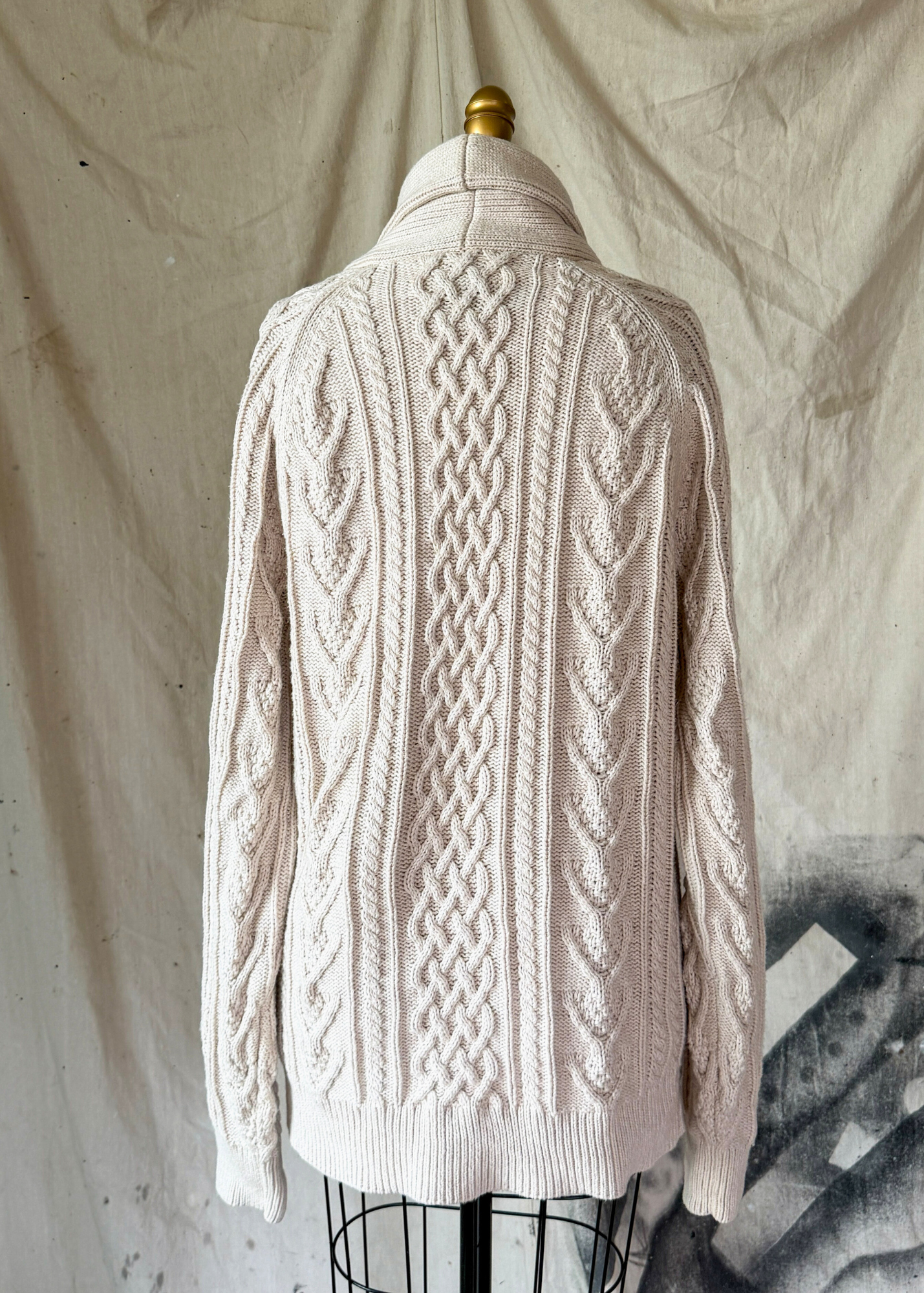 J.Crew Men's Cream Beige Cotton Fisherman Shawl Collar Button Cardigan Sweater (L)