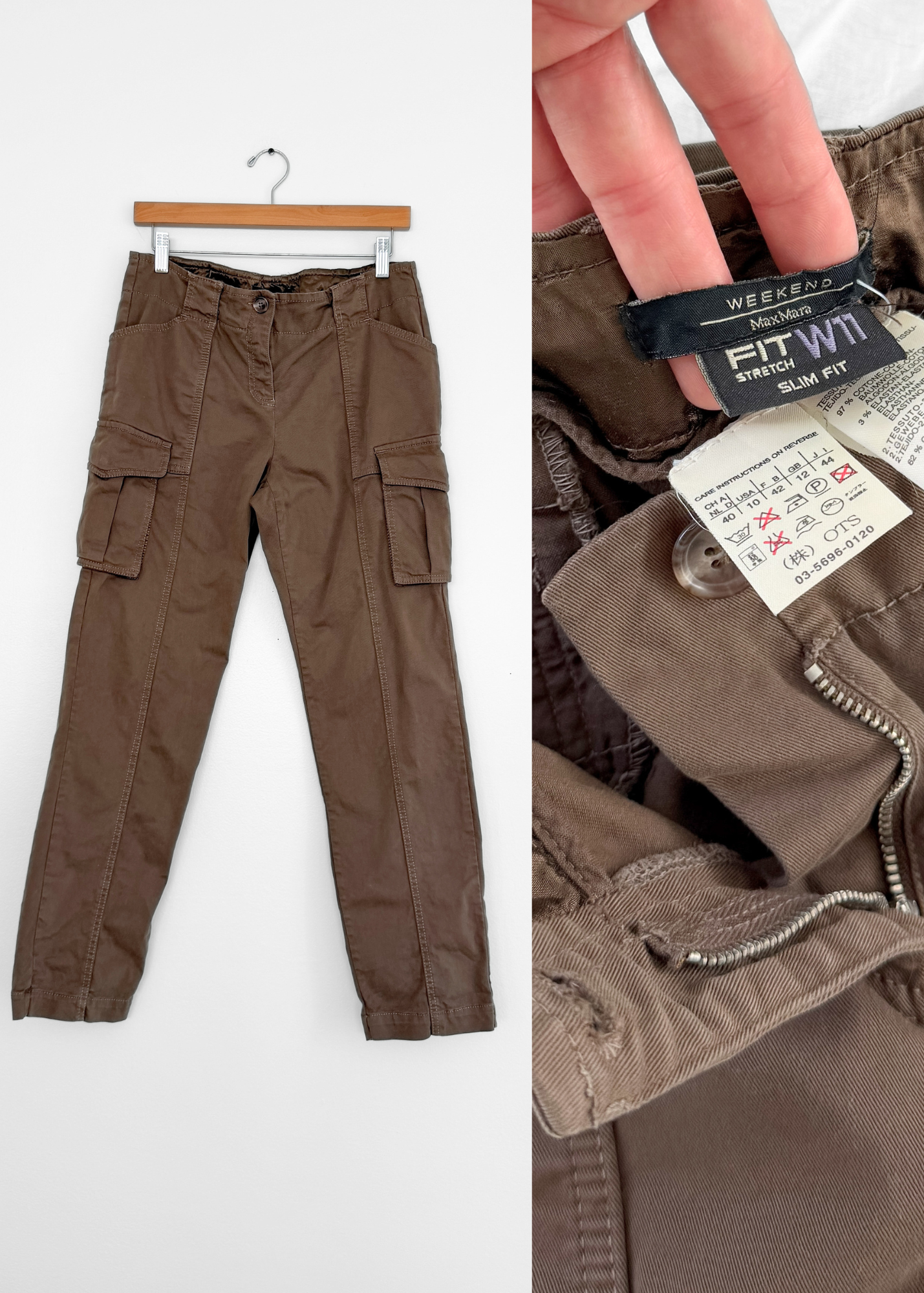 Max Mara Weekend FIT W11 Slim Fit Cargo Pants Olive Brown Cotton Womens (US 10)