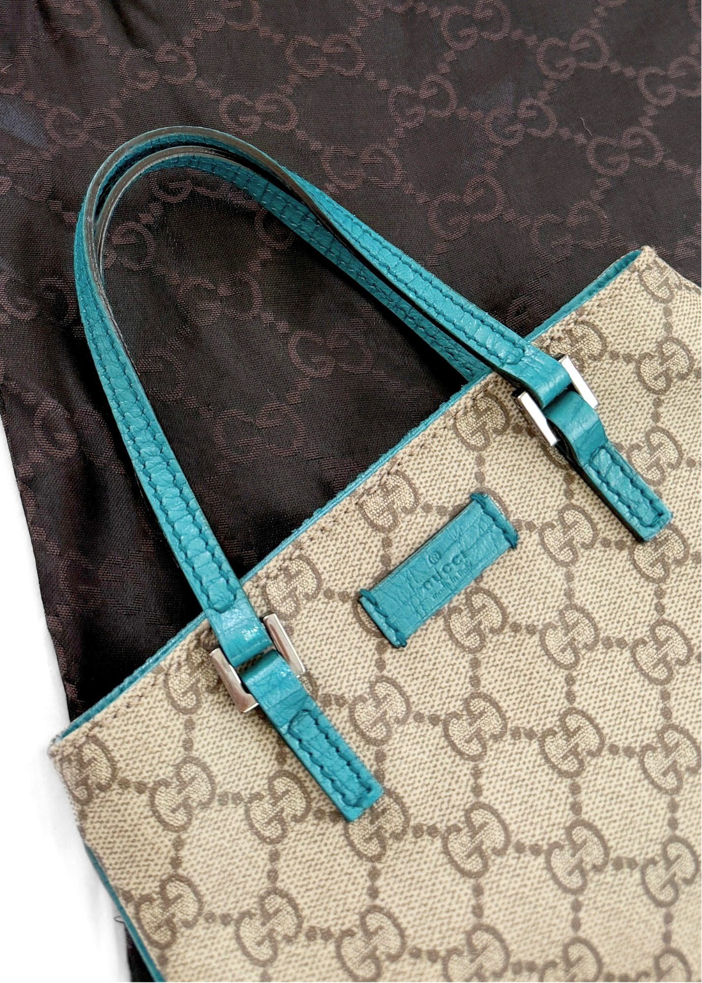 *Rare* Vintage Gucci GG Supreme Mini Handbag PVC Leather Beige Teal Turquoise Blue Trim Purse