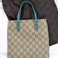 *Rare* Vintage Gucci GG Supreme Mini Handbag PVC Leather Beige Teal Turquoise Blue Trim Purse